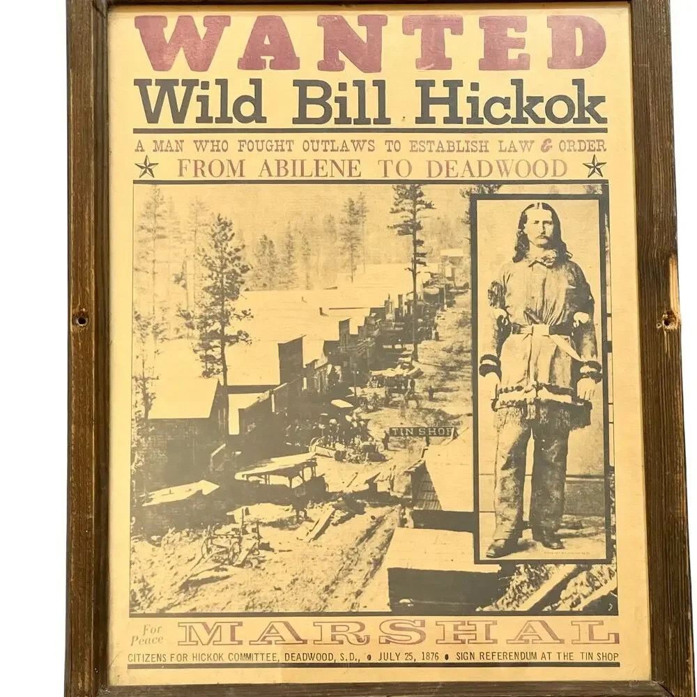Vintage Wild Bill Hickok Wanted Poster Marshal Framed Old West Wall Decor 11x14